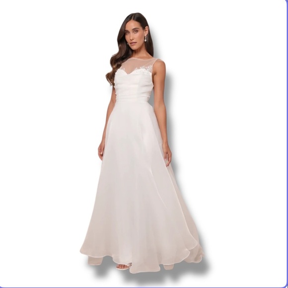 White Organza Embroidered Pleated Maxi Dress NEW Size XL - Picture 1 of 14